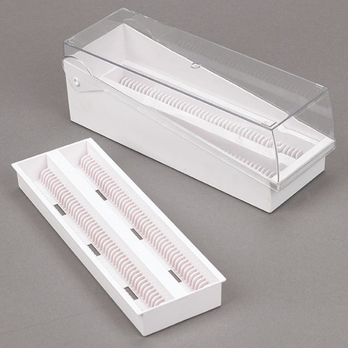 [GEN-GS-513250W] abs white slide storage box with hinged lid and removable draining tray 100 place for up to 200 slides